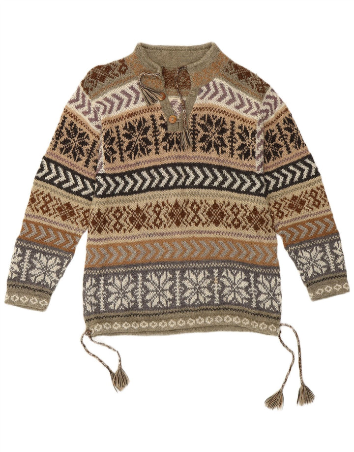 Maglione vintage da donna con collo a bottoni, UK 14, verde medio, azteco