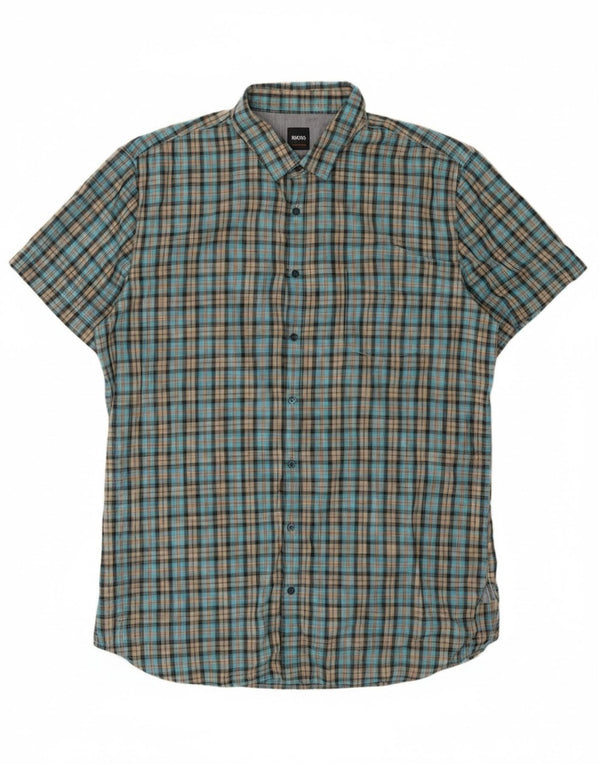 Camicia a maniche corte da uomo Hugo Boss XL in cotone a quadri blu