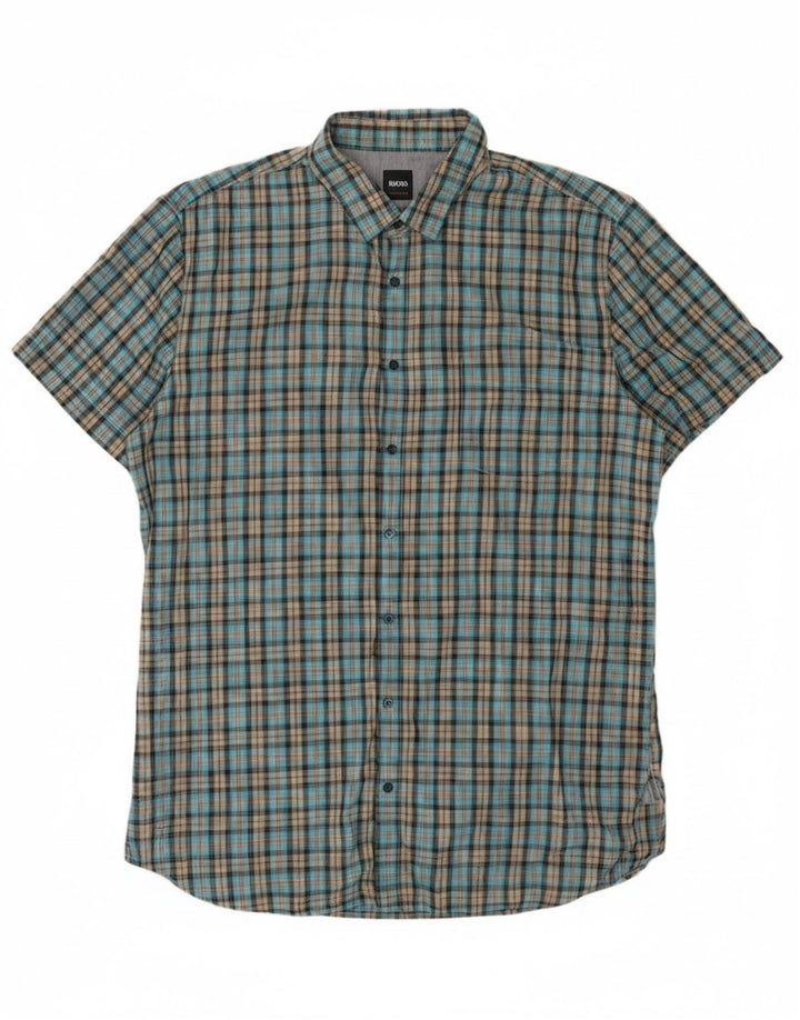 Camicia a maniche corte da uomo Hugo Boss XL in cotone a quadri blu