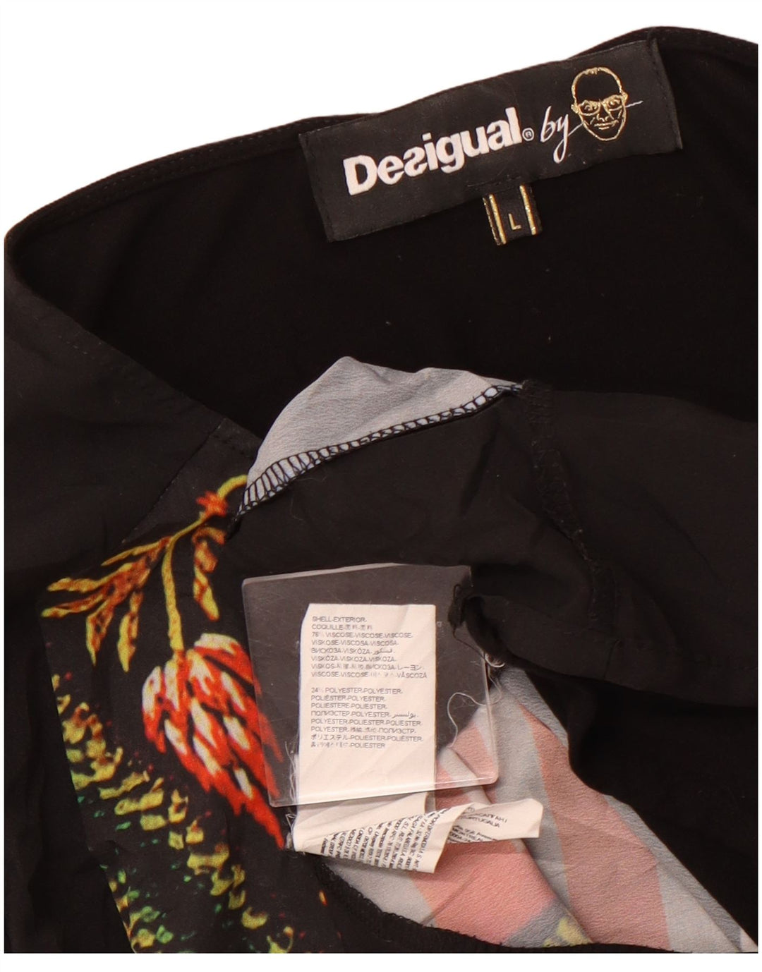 DESIGUAL Top grafico da donna a maniche lunghe UK 14 Grande viscosa floreale nera