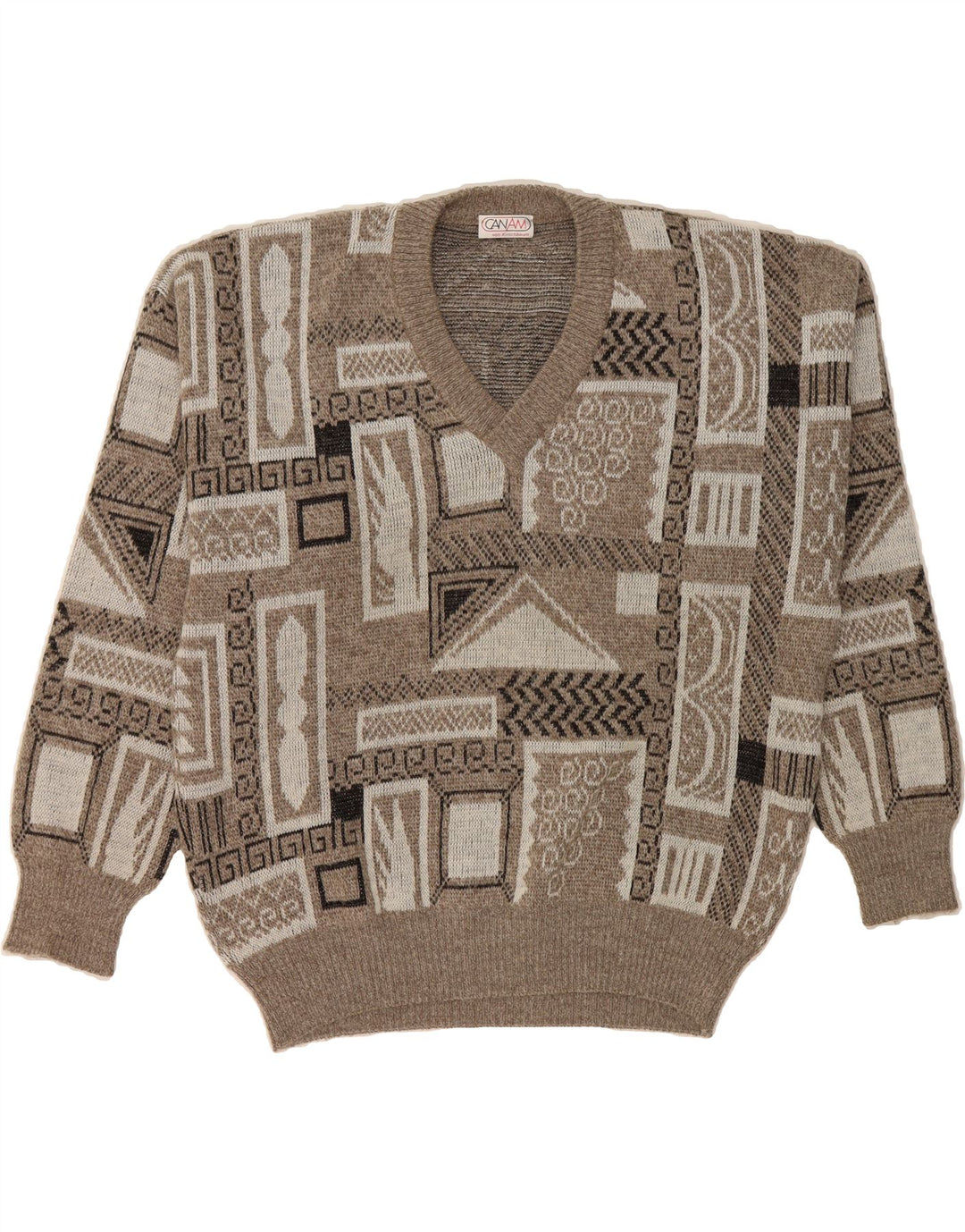 CAN AM Mens V-Neck Jumper Sweater Large Grey Geometric Vintage Can Am and Second-Hand Can Am from Messina Hembry 