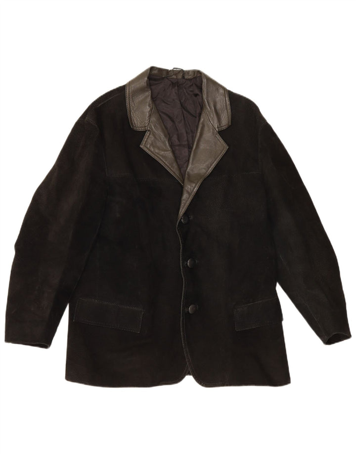 Giacca blazer vintage da uomo in pelle scamosciata a 3 bottoni UK 38 media nera