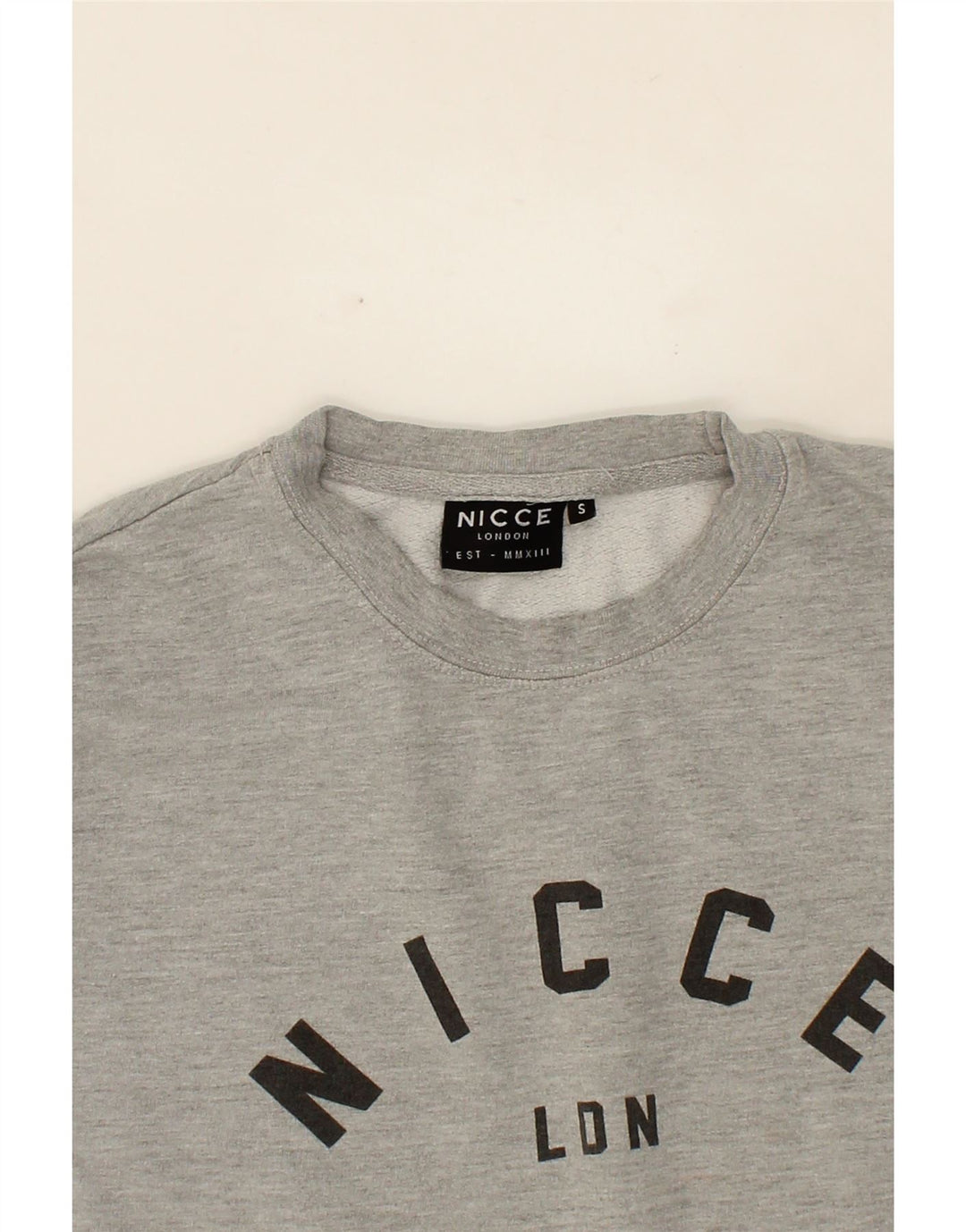 NICCE Mens Graphic Sweatshirt Jumper Small Grey Cotton Vintage Nicce and Second-Hand Nicce from Messina Hembry 