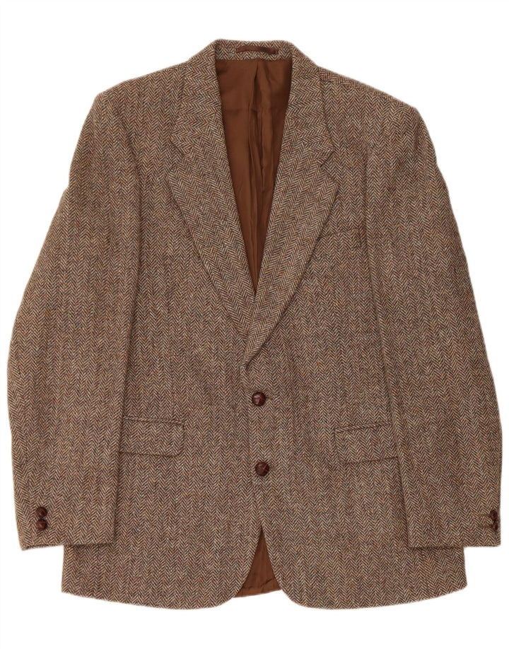 Giacca blazer a 2 bottoni da uomo Harris Tweed UK 42 XL lana a spina di pesce marrone