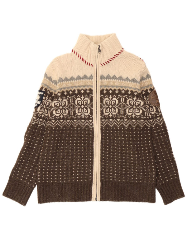 Maglione cardigan da donna Napapijri UK 14 Lana d'agnello Fair Isle marrone medio