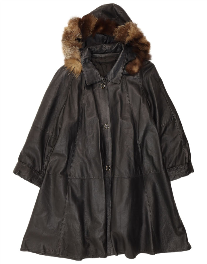 Cappotto in pelle vestibilità ampia con cappuccio da donna VINTAGE UK 14 Pelle nera media