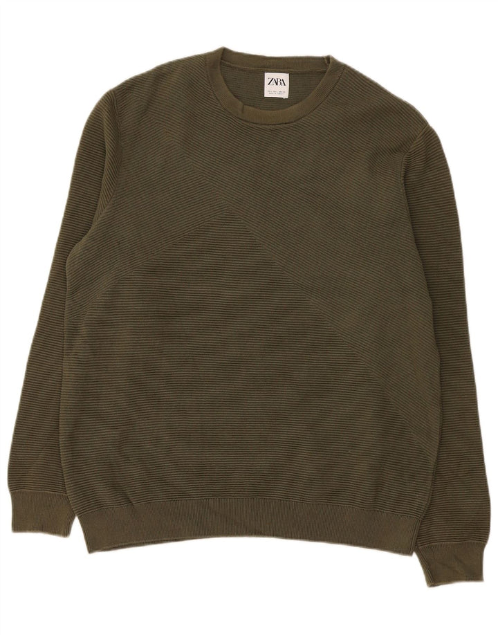 Maglione maglione girocollo da uomo Zara grande in cotone kaki