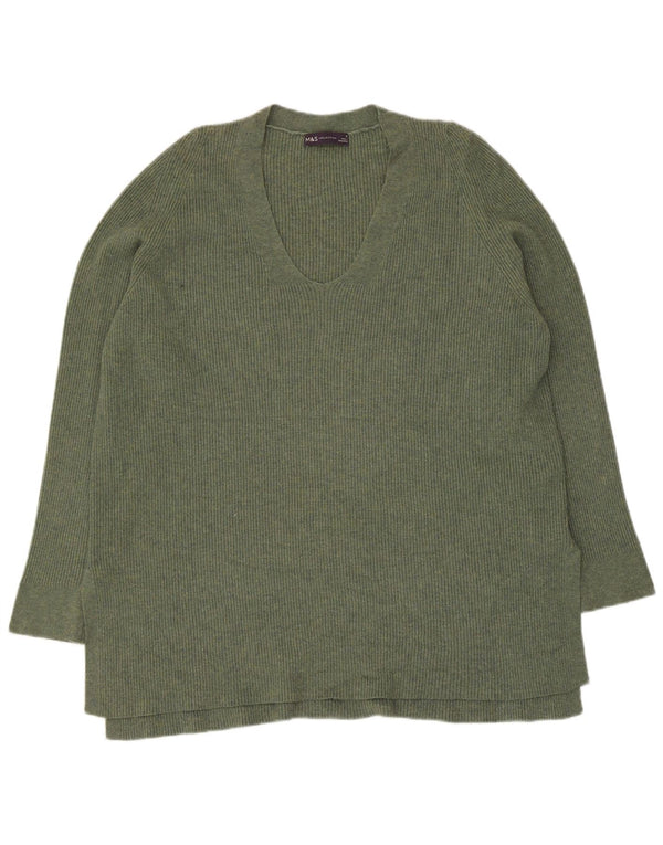 Maglione maglione con scollo a V da donna Marks & Spencer UK 16 grande poliestere kaki