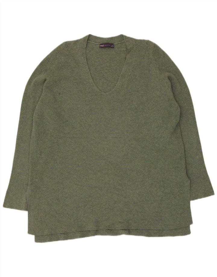 Maglione maglione con scollo a V da donna Marks & Spencer UK 16 grande poliestere kaki