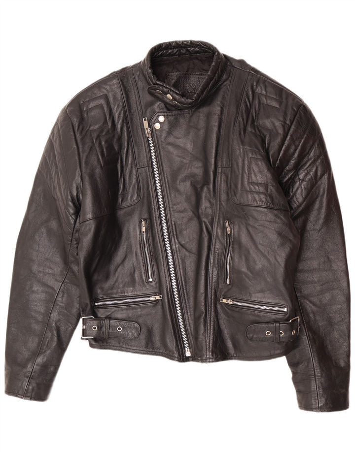 Giacca da motociclista in pelle vintage da uomo UK 44 2XL Nera