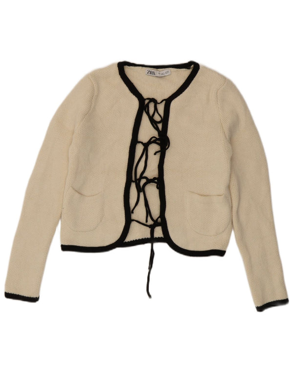 ZARA Womens Crop Cardigan Sweater UK 10 Small White Colourblock Acrylic