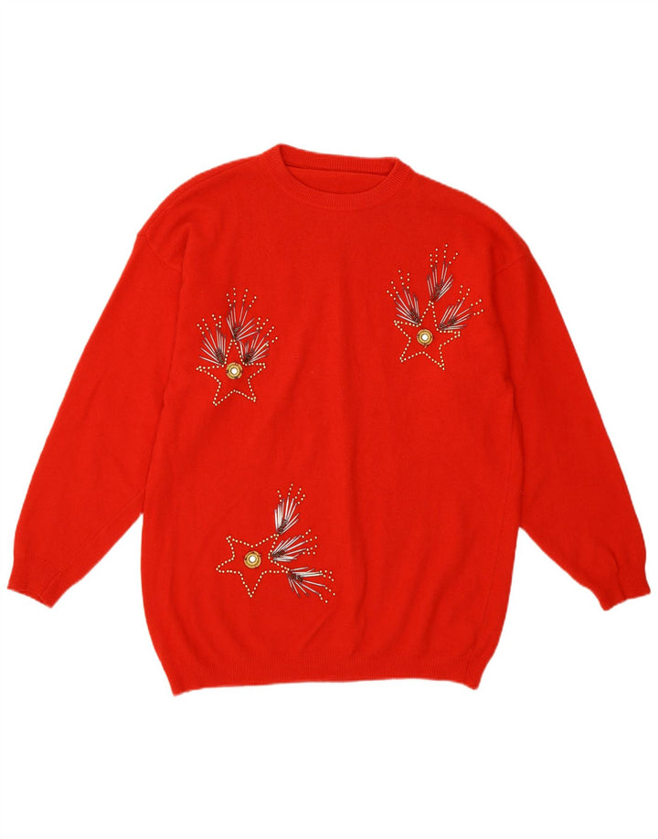Maglione girocollo da donna vintage con motivo astratto girocollo UK 14 rosso medio