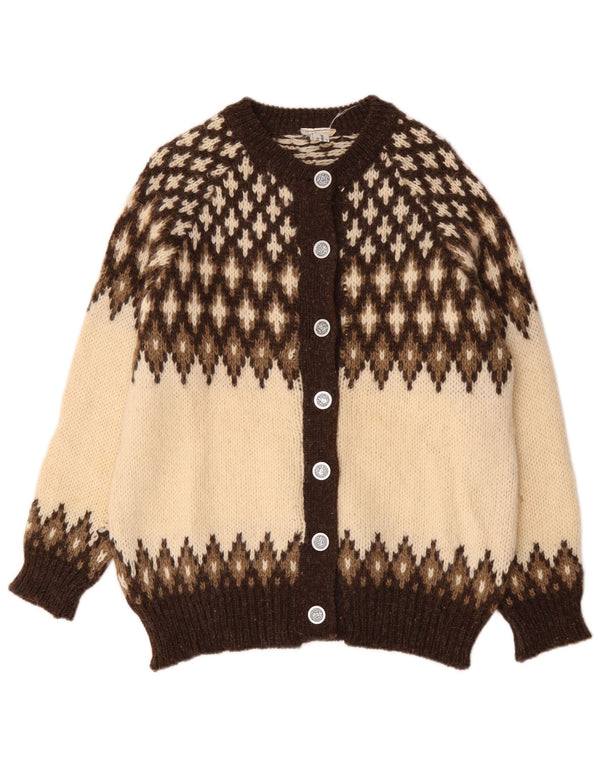 Maglione cardigan da donna vintage UK 18 XL lana Fair Isle marrone