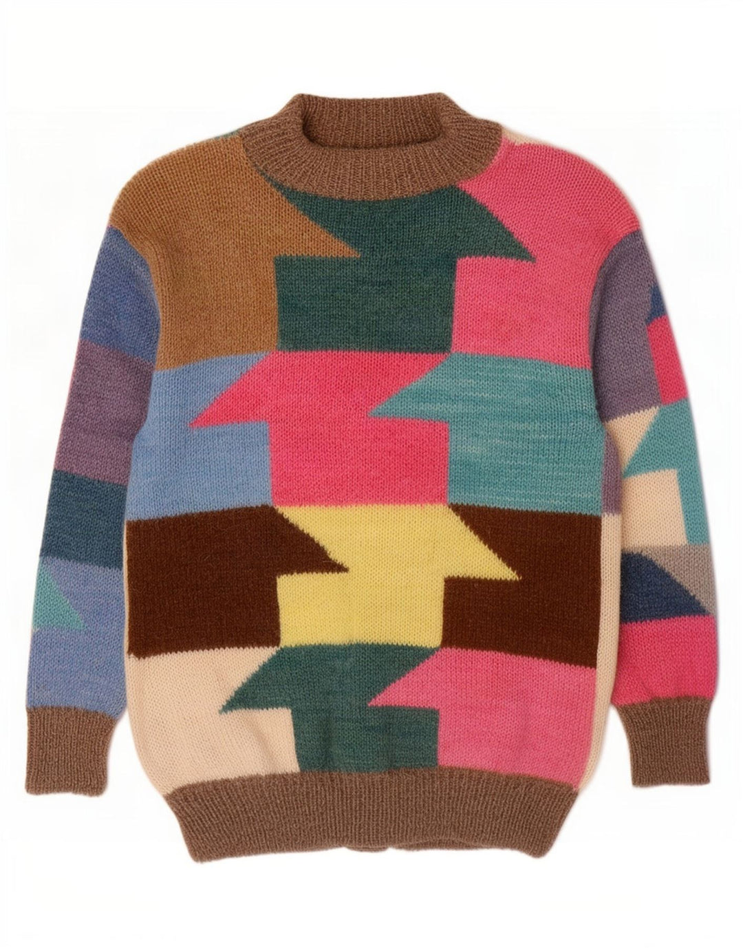 Maglione cardigan grafico da donna vintage UK 16 Grande motivo geometrico multicolore