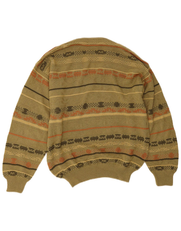 Giramondo Mens V-Neck Jumper Sweater IT 50 Medium Khaki Geometric Cotton