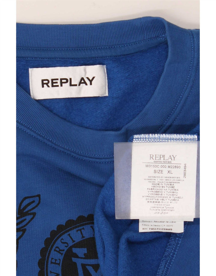 Felpa grafica da uomo Replay Jumper XL in cotone blu