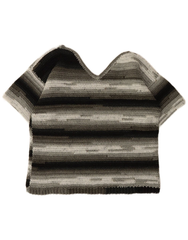 Maglione vintage da donna a maniche corte con scollo a V UK 14 a righe grigio medio