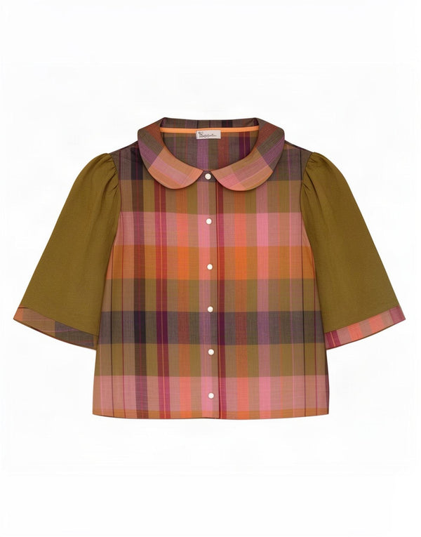 Camicetta camicia a maniche corte da donna vintage UK 8 piccolo lino scozzese kaki