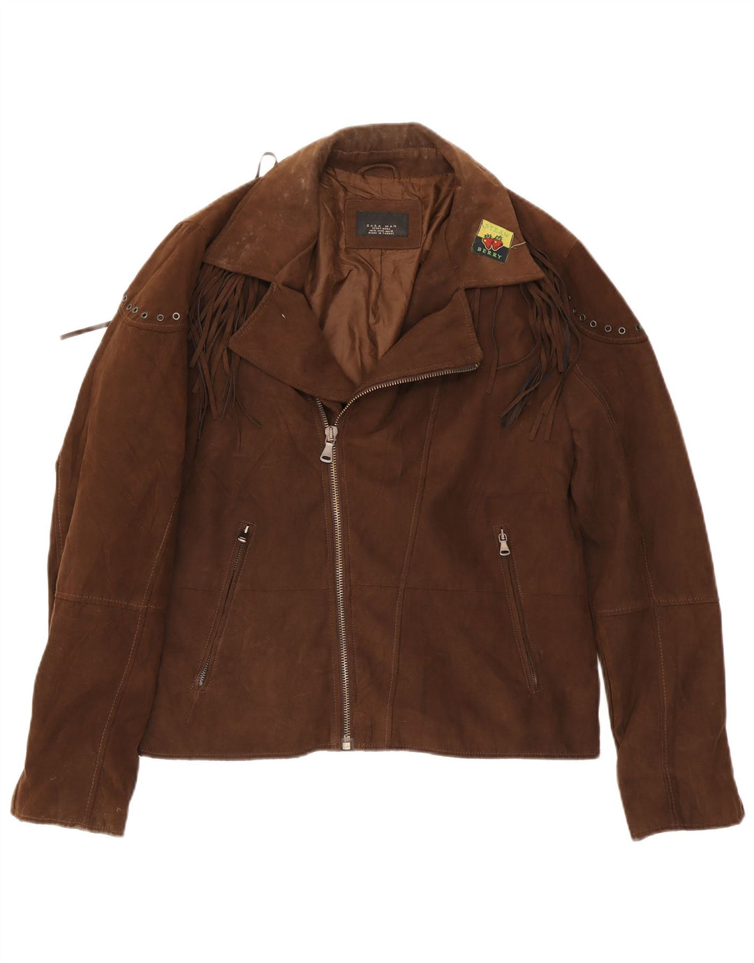 Giacca da motociclista da uomo Zara in finta pelle scamosciata UK 42 XL poliestere marrone