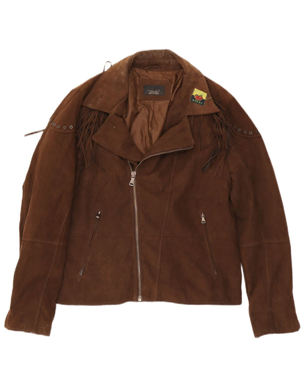 Giacca da motociclista da uomo Zara in finta pelle scamosciata UK 42 XL poliestere marrone