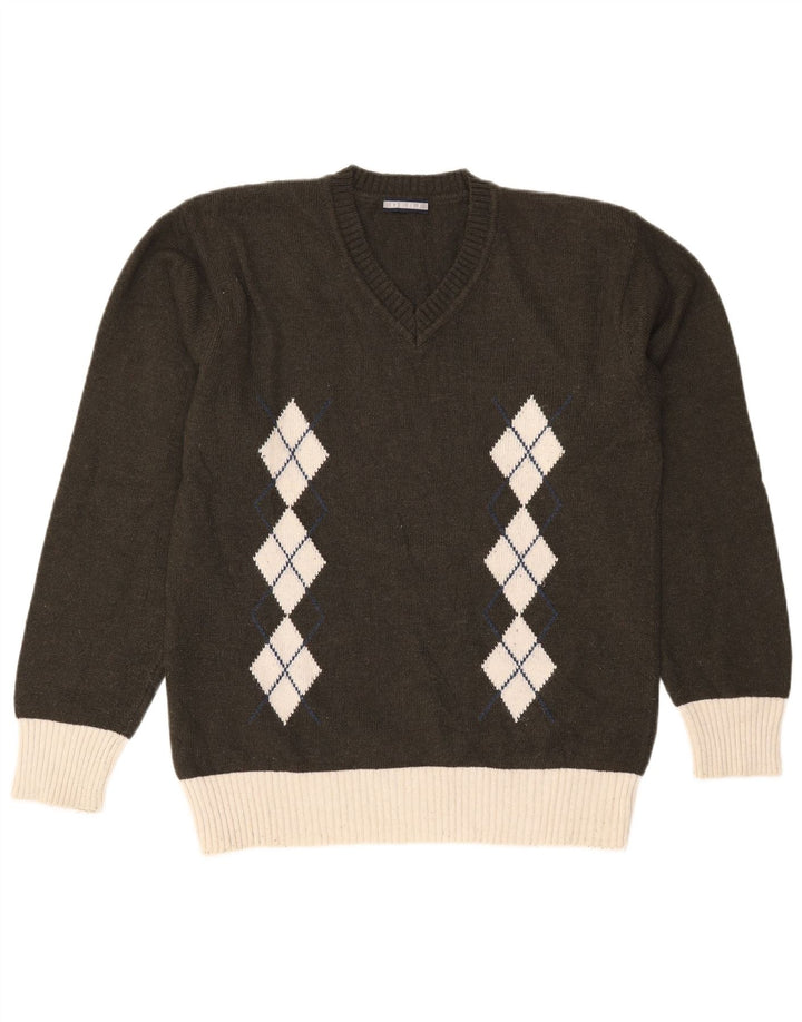 Maglione vintage da uomo con scollo a V grande lana kaki a rombi/diamante