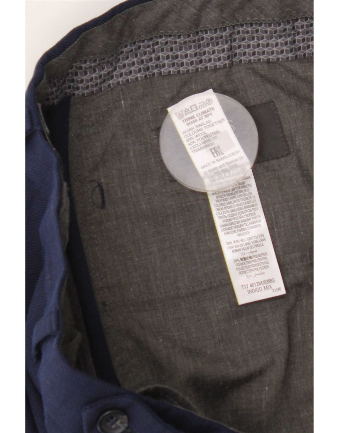 Pantaloni da abito dritti da uomo Marks & Spencer W34 L29 Lana blu navy