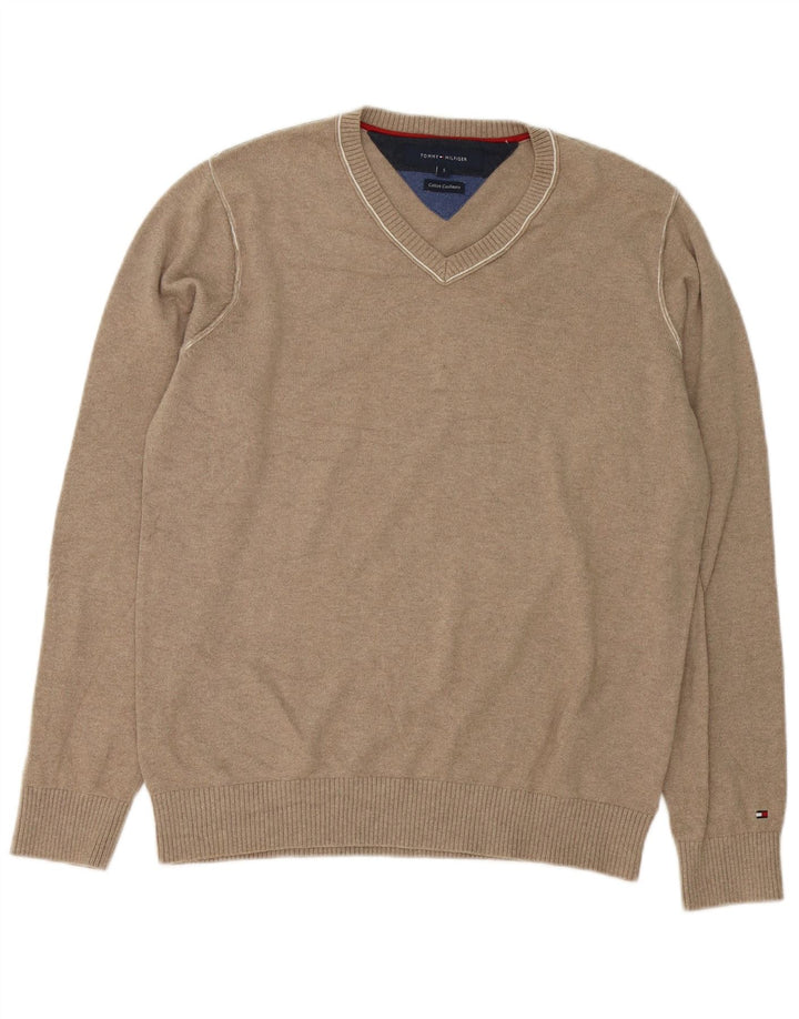Maglione maglione con scollo a V da uomo Tommy Hilfiger piccolo cotone grigio