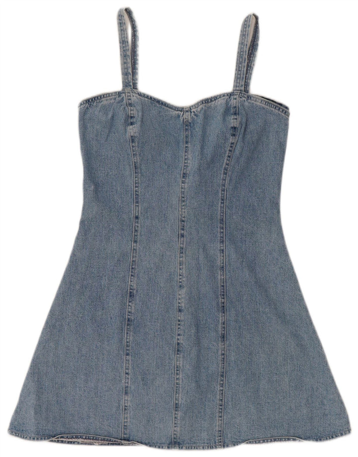 Mini abito in denim vintage da donna senza maniche UK 12 Cotone blu medio