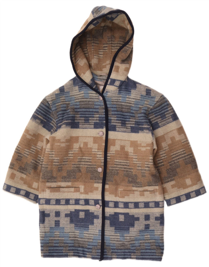 Soprabito con cappuccio da donna vintage UK 12 Lana geometrica multicolore media