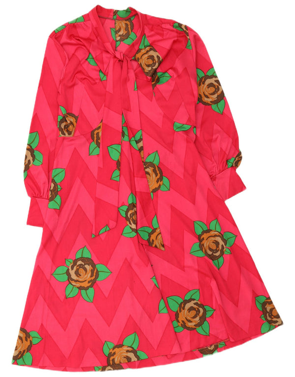 Abito a trapezio con cravatta frontale a maniche lunghe da donna vintage UK 12 floreale rosa medio