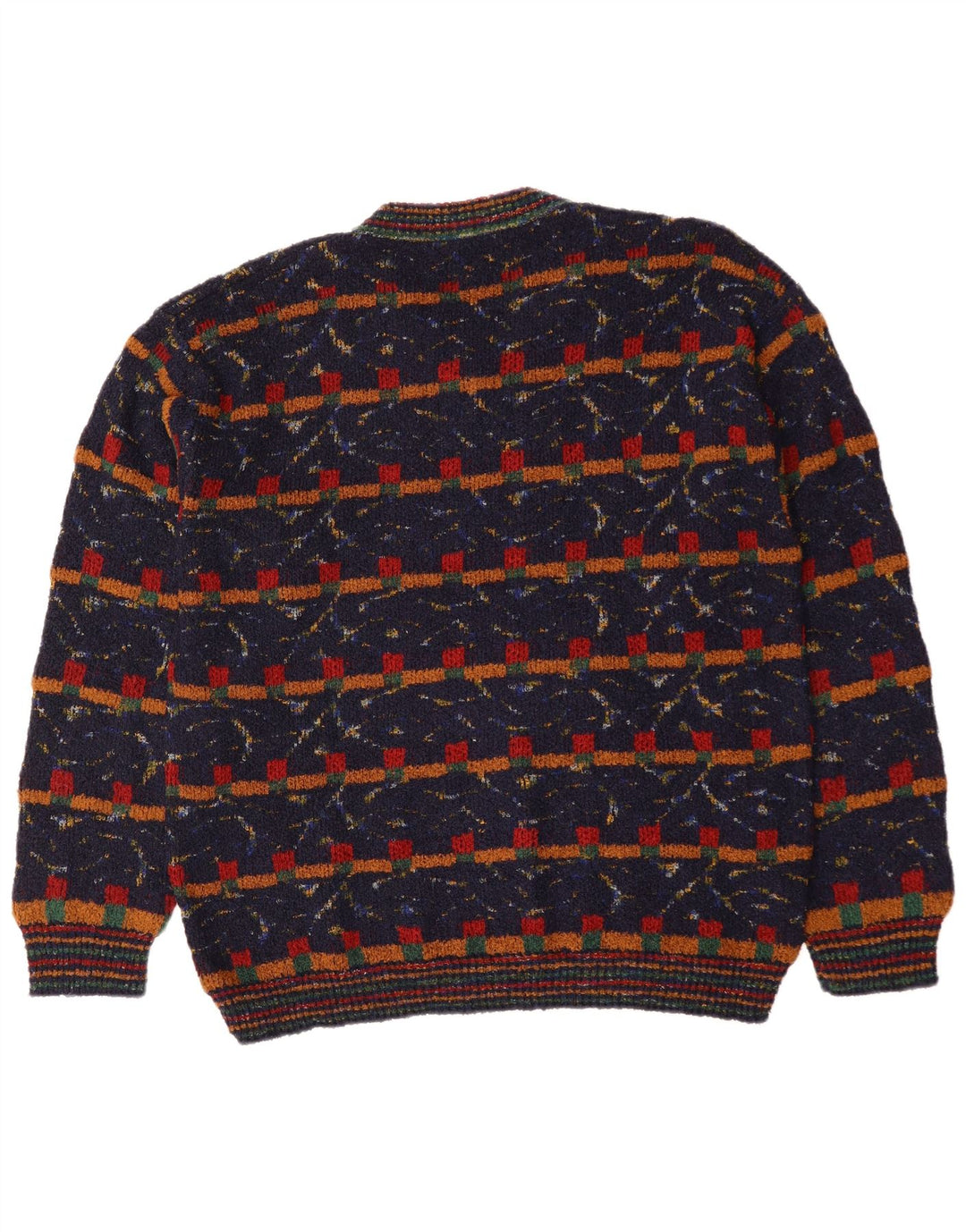 VINTAGE Maglione da uomo con scollo a V XL Lana geometrica blu navy