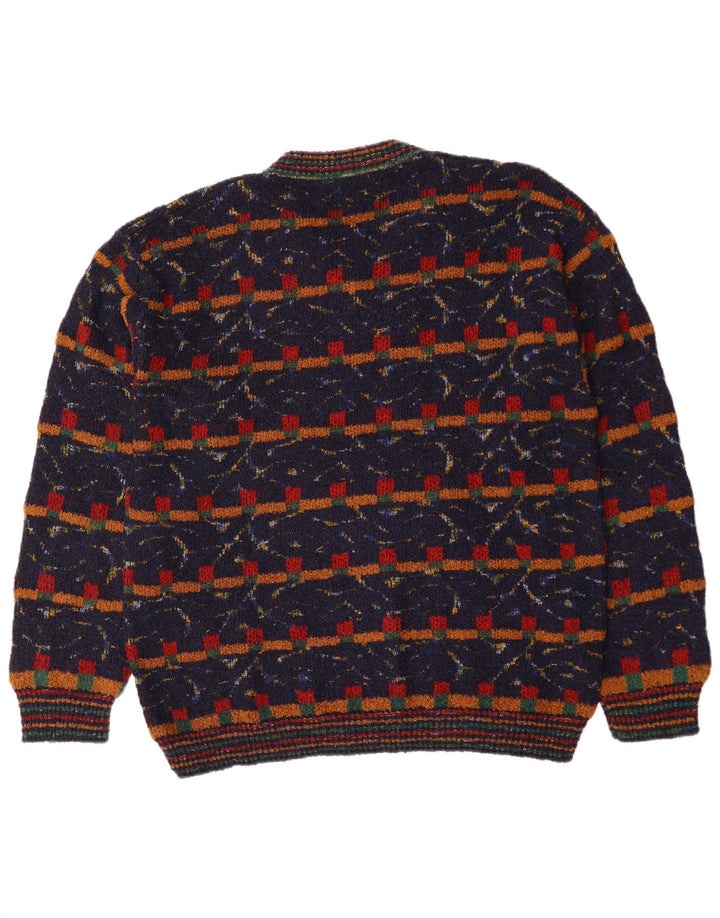 VINTAGE Maglione da uomo con scollo a V XL Lana geometrica blu navy