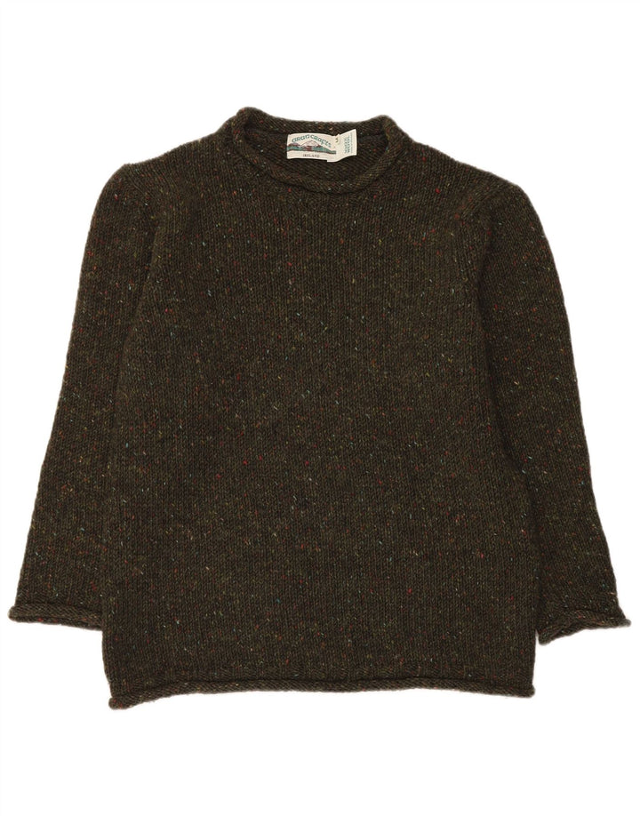 Aran Crafts Maglione da uomo con scollo a barca in lana media color kaki