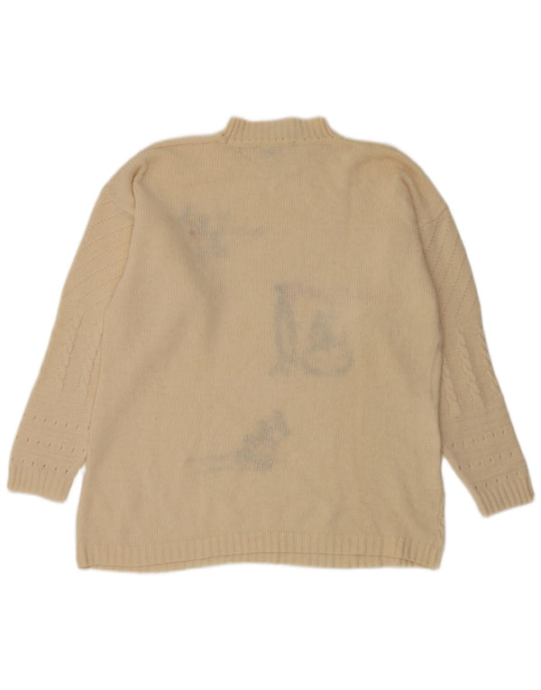 Maglione maglione con collo alto con grafica vintage da donna UK 14 medio bianco sporco