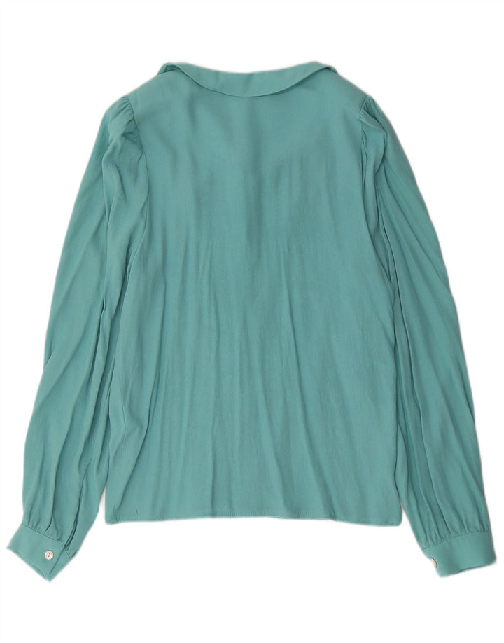 Camicetta camicia vintage da donna UK 10 piccola viscosa blu