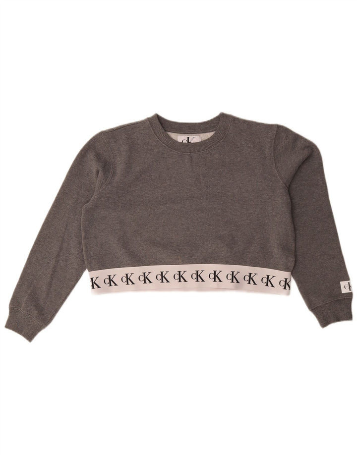 Calvin Klein Jeans Donna Crop Felpa Maglione UK 14 Grigio medio
