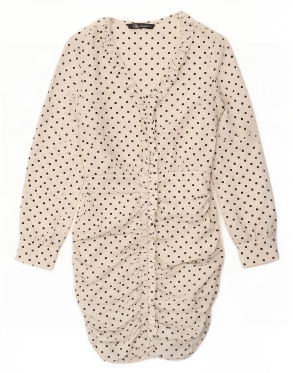 Zara Womens Long Sleeve Bodycon Dress UK 12 Medium White Polka Dot