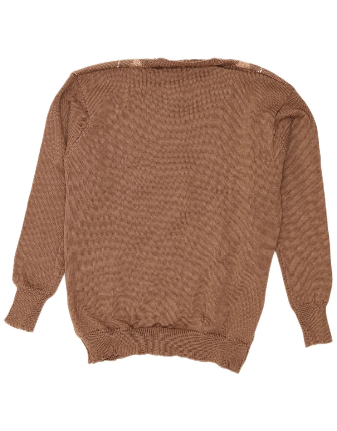 Maglione vintage da donna con scollo a V, grande poliestere marrone a rombi/diamante