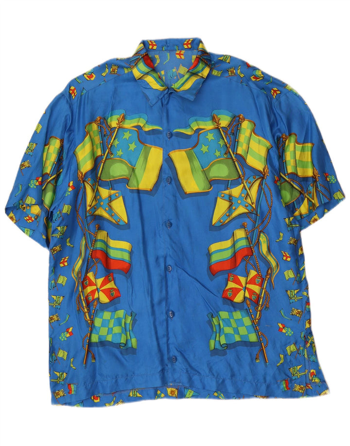 Camicia a maniche corte vintage da uomo con motivo astratto, grande blu