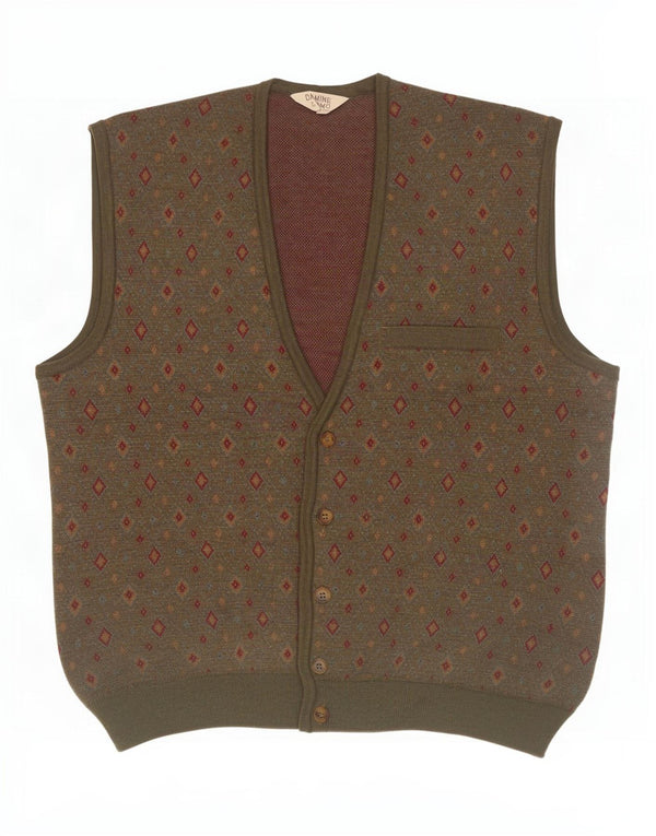 DALMINE Mens Sleeveless Cardigan Sweater IT 50 Medium Khaki Geometric