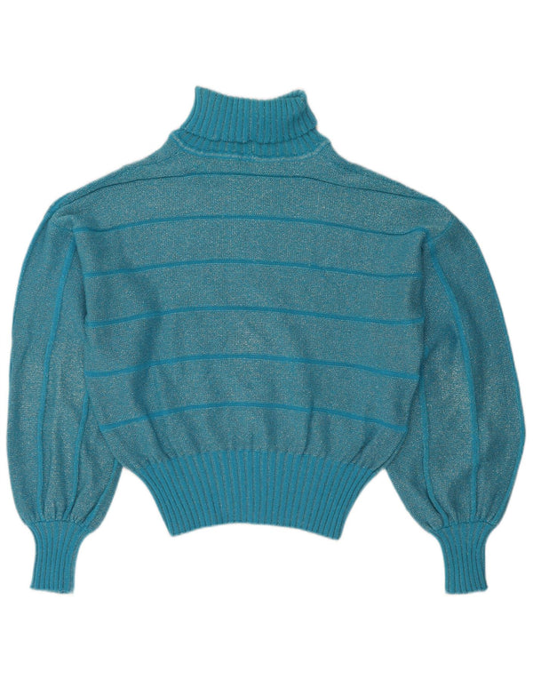 Maglione corto da donna vintage con collo alto e maglione UK 16 a righe grandi blu