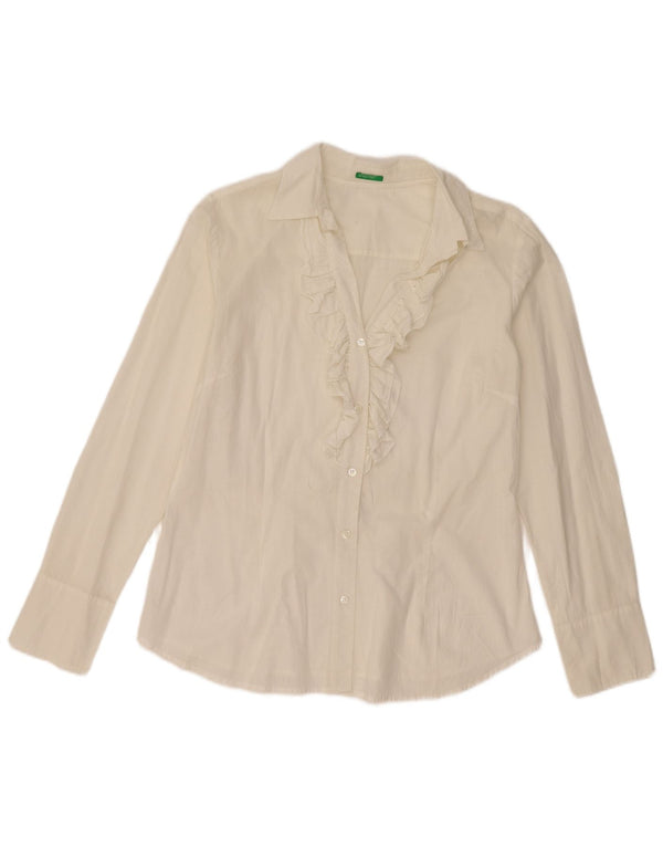 Camicia da donna BENETTON con volant sul davanti UK 14 grande bianco sporco