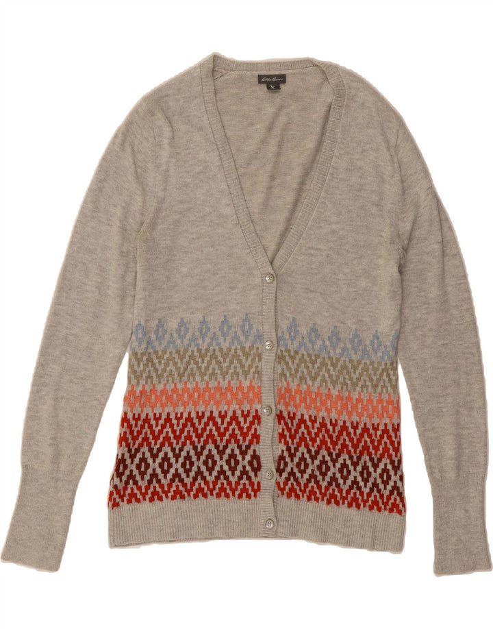 EDDIE BAUER Womens Cardigan Sweater UK 14 Medium Grey Geometric Cotton Vintage Eddie Bauer and Second-Hand Eddie Bauer from Messina Hembry 