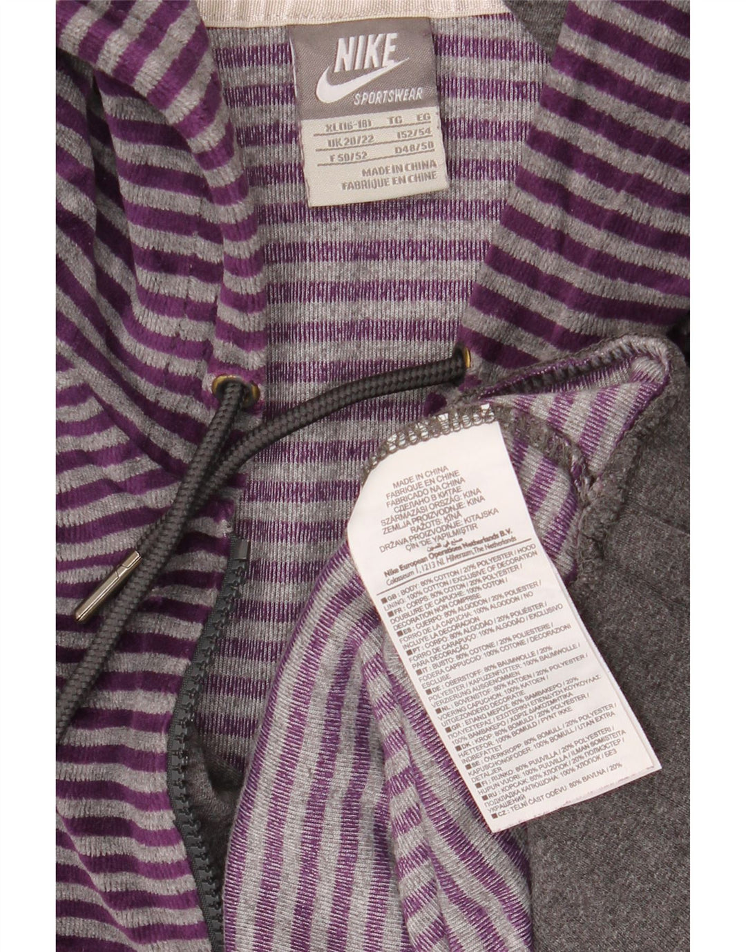 Maglione con cappuccio e collo con zip in velluto da donna NIKE UK 20/22 XL a righe viola