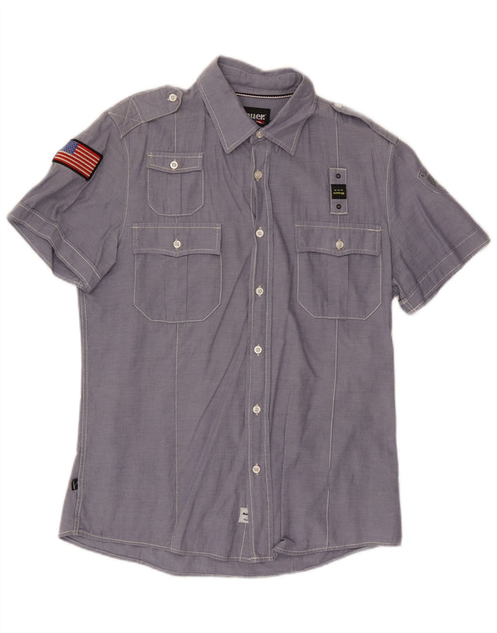 BLAUER Camicia Militare Uomo Manica Corta Large in Cotone Blu