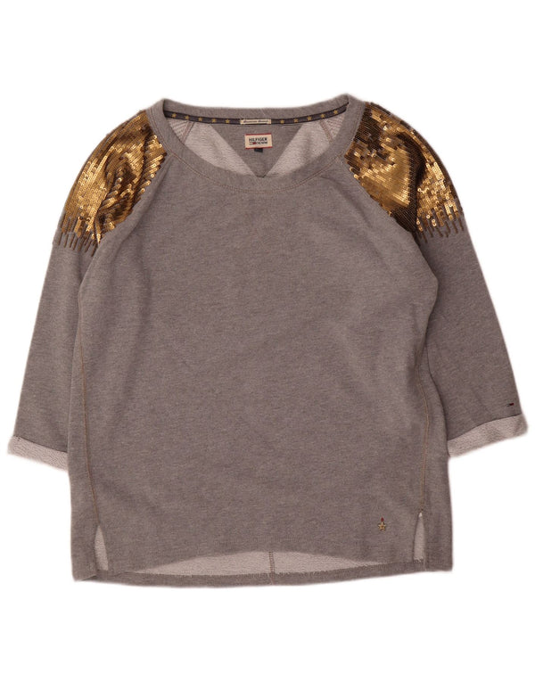 Tommy Hilfiger Donna Felpa Maglione UK 16 Large Grigio Colourblock Cotone