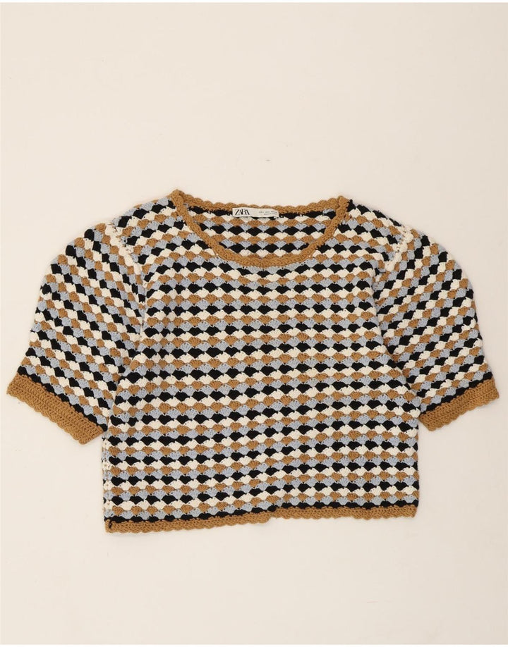 Maglione ZARA da donna con scollo a barca corto UK 14 grande multicolore