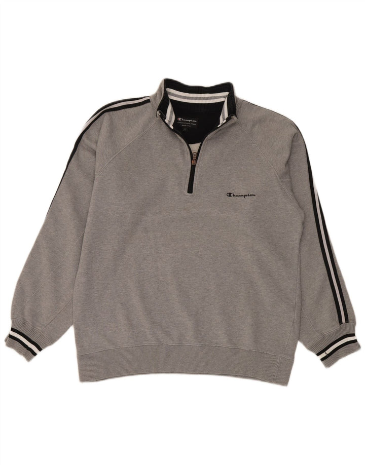 Felpa Champion da uomo con collo con zip, maglione grande, cotone a righe grigie