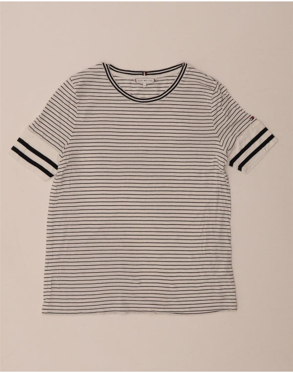 TOMMY HILFIGER T-shirt da donna Top UK 14 Lyocell a righe bianche medie