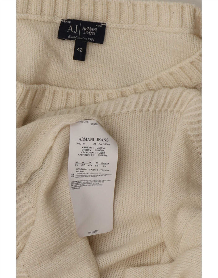 Maglione maglione con scollo a barca grafico da donna Armani EU 42 grande lana bianco sporco